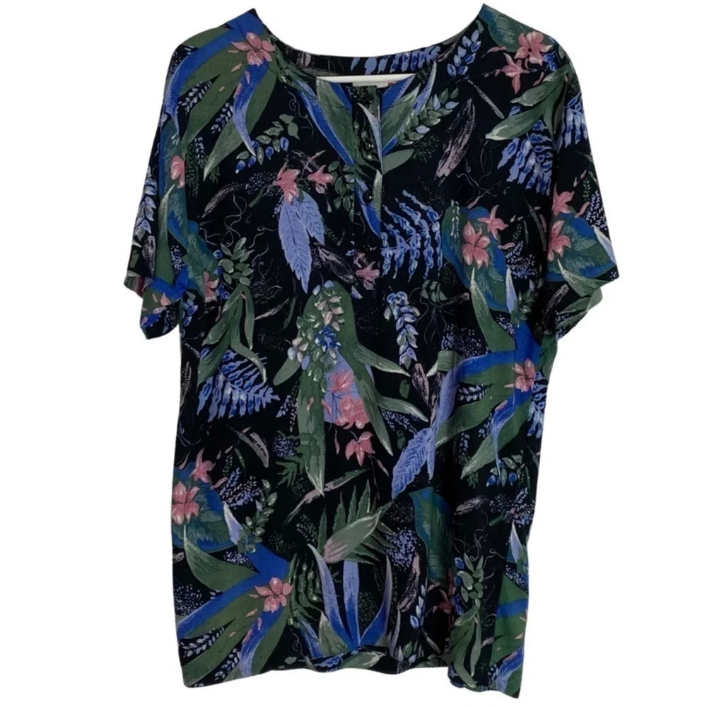 Vintage 90s Tropical Floral Print Henley Rayon Blouse Made In USA Womens Medium